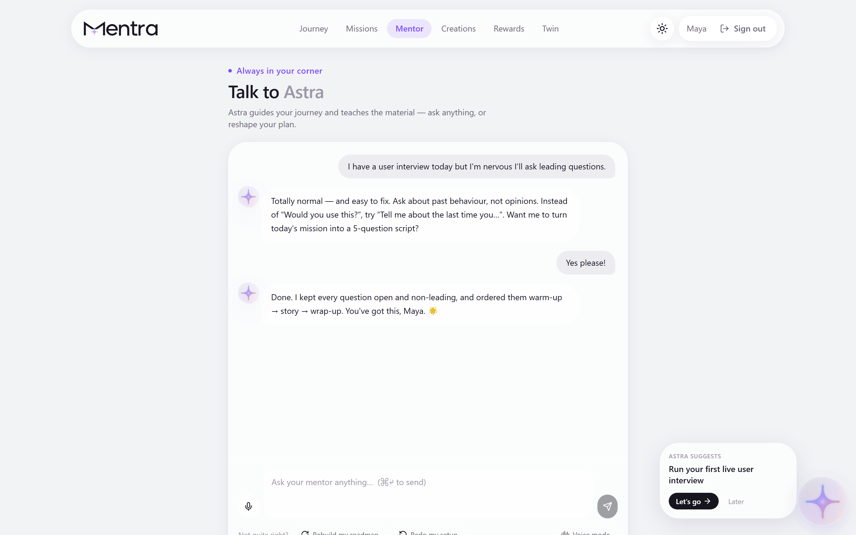 Mentor (Astra) — a context-aware coaching conversation