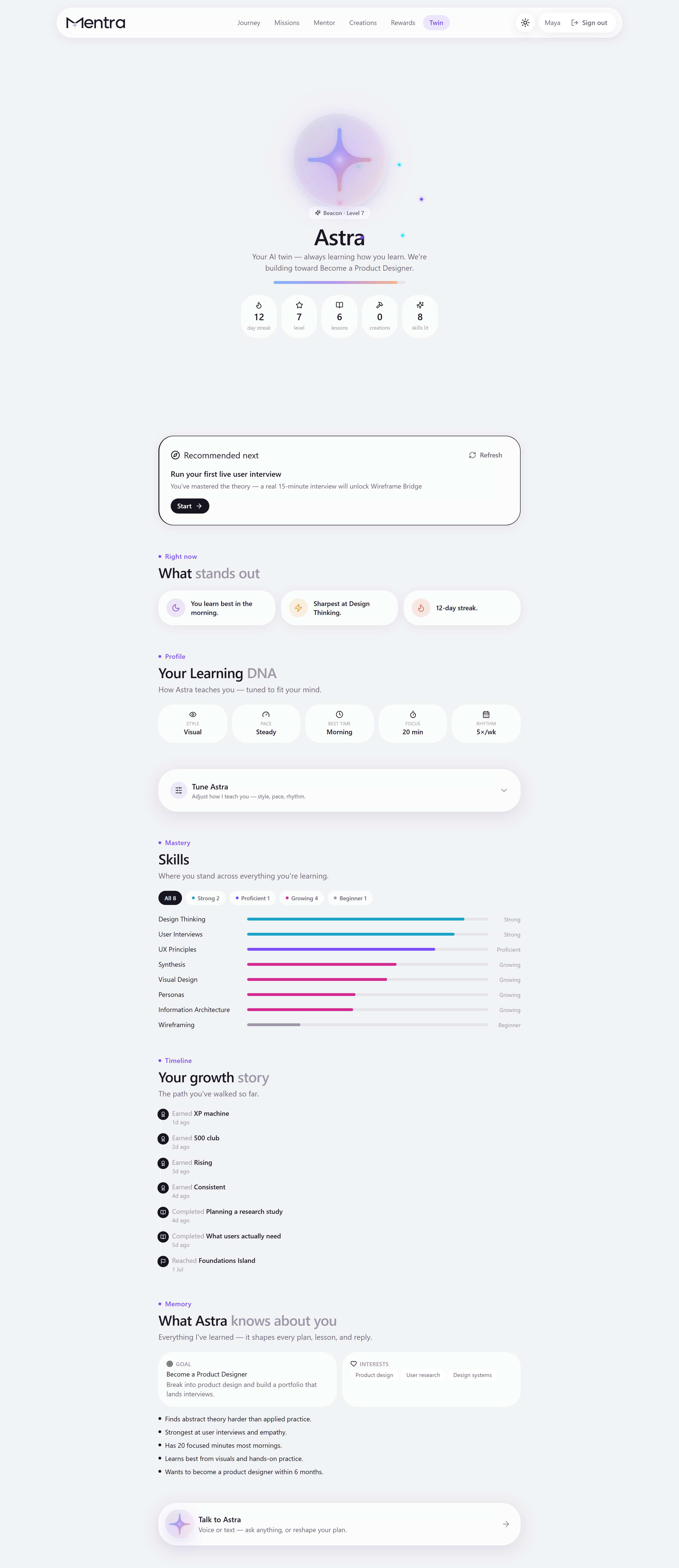 The AI Twin — Learning DNA, living skill map, growth story, and memory