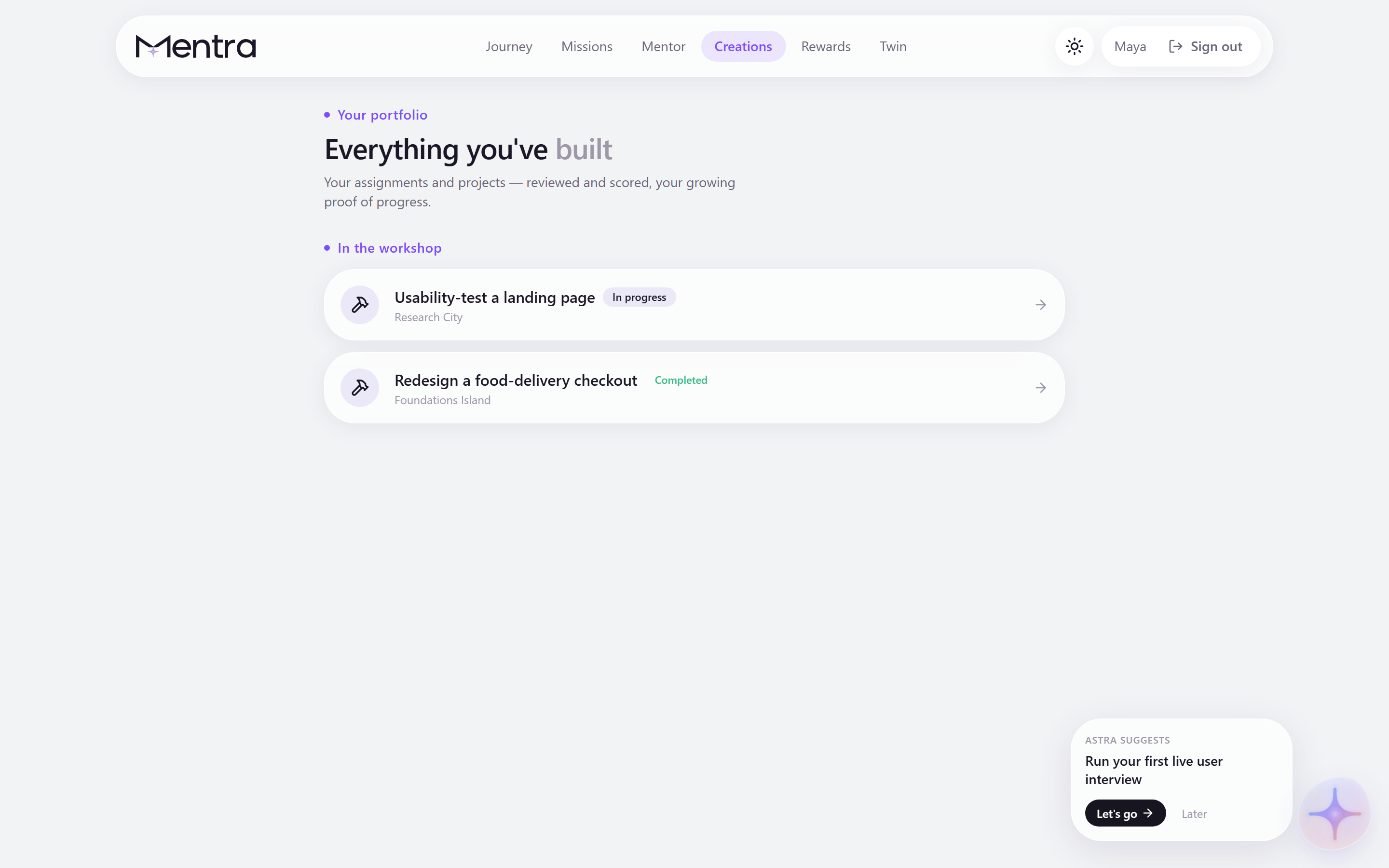 Creations — projects reviewed and scored into a portfolio