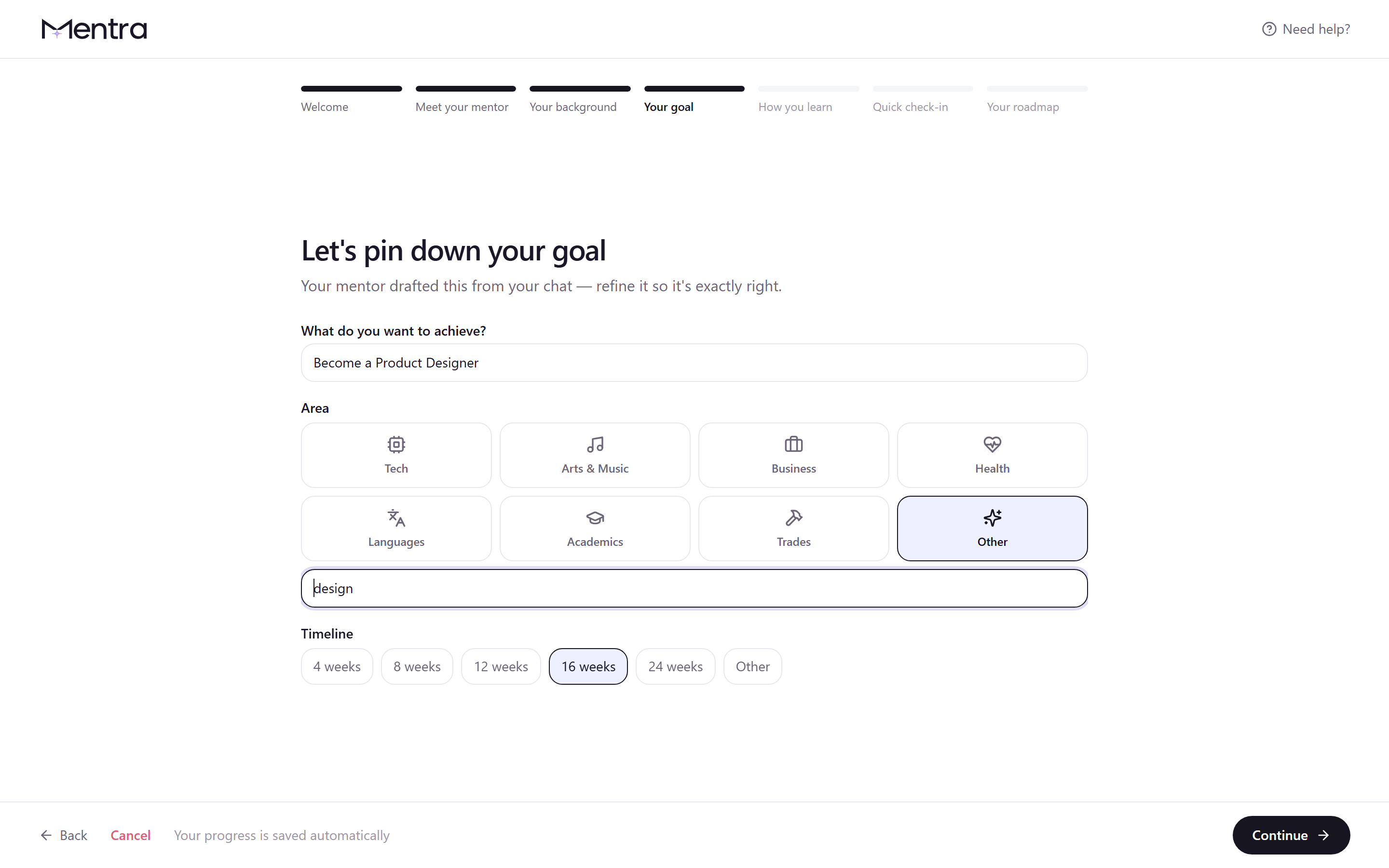 Onboarding — the goal-definition step with a step rail